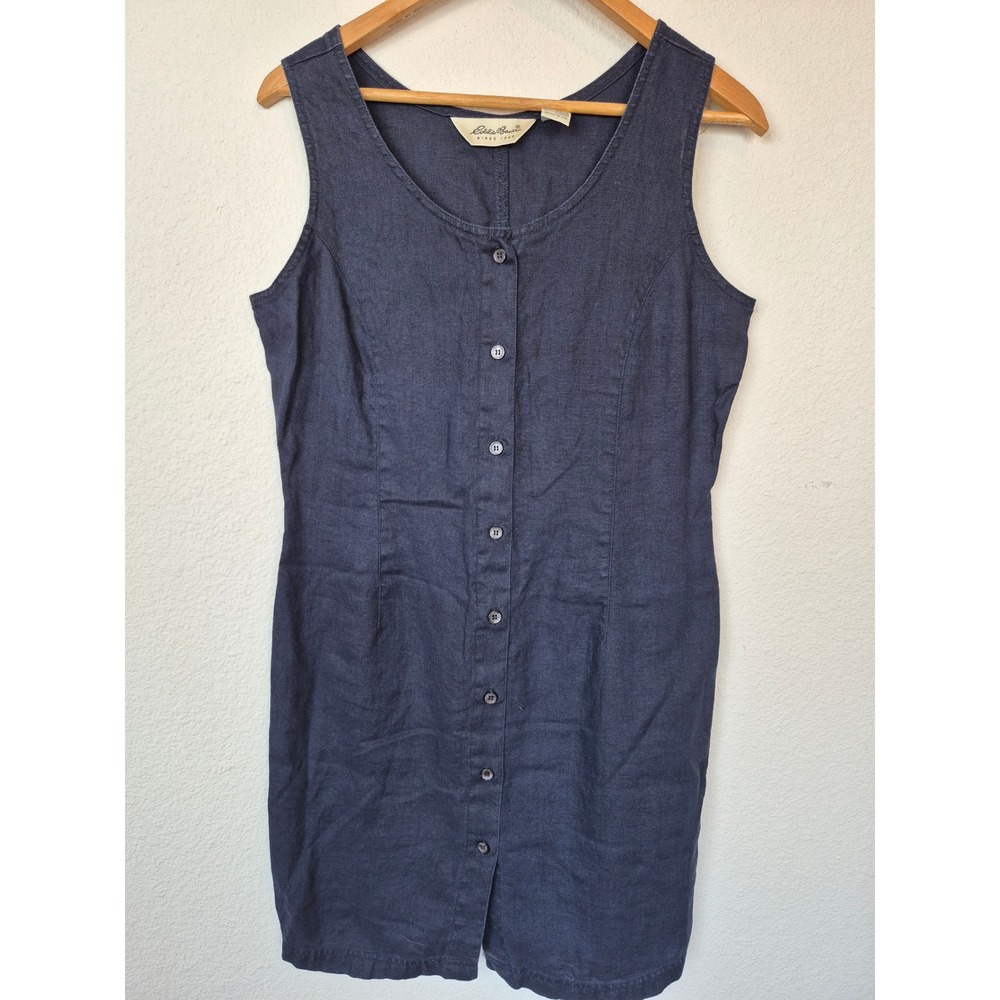 Eddie‎ Bauer Blue 100% Linen Button Front Sleeveless Shift Dress Size Medium